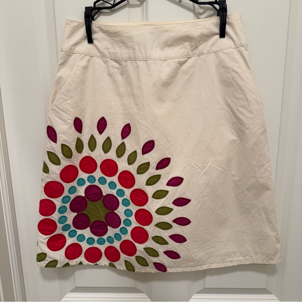 Boden Beige Sunburst Embroidered 100% Cotton A-Line Skirt Lined Sz 12R
